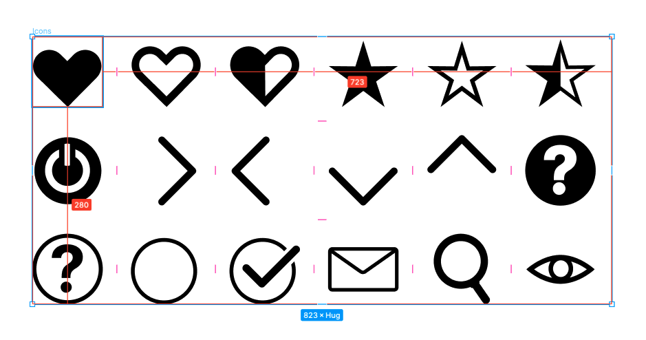 various icons including a hearts, stars, arrows, and more, arranged in a grid with Figma guide markers visible